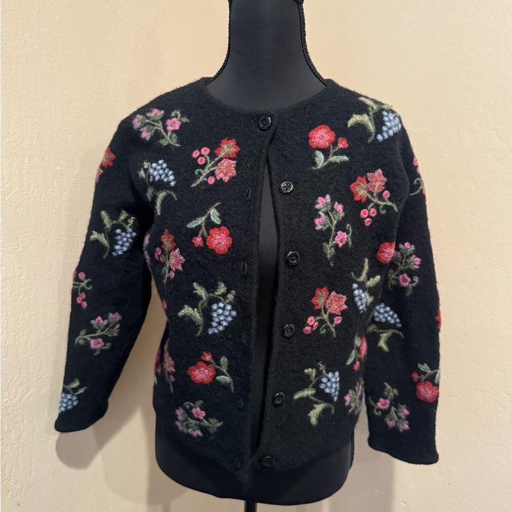 Marisa Christina Vintage Black Floral Embroidered Button Cardigan 100% Wool